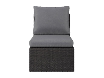 Grey outdoor sectional chair middle piece, weather-resistant fabric, sleek metal frame, comfortable cushions, modern patio furniture.