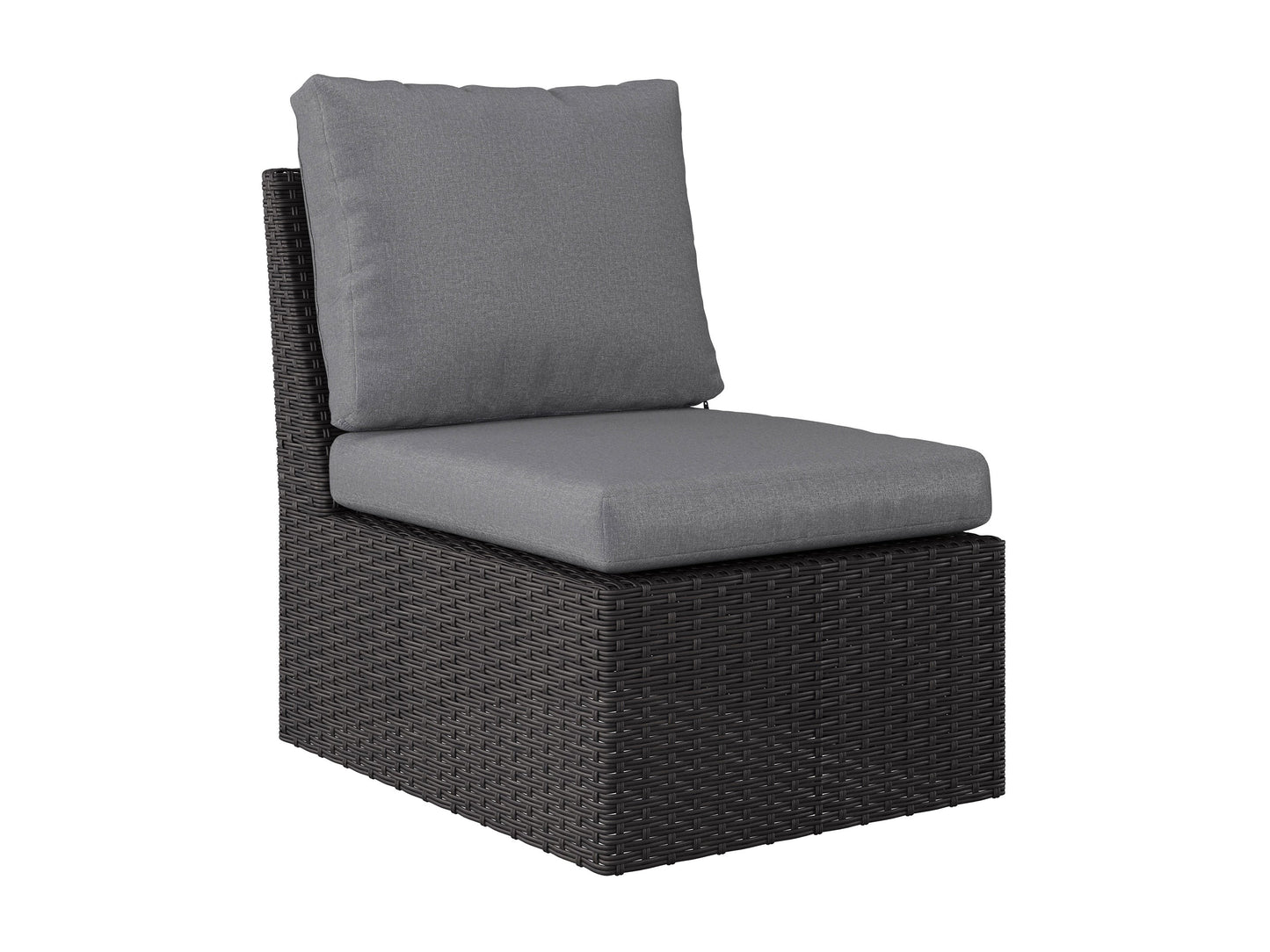 Grey outdoor sectional chair, middle piece with durable fabric, weather-resistant cushions, and sleek aluminum frame.