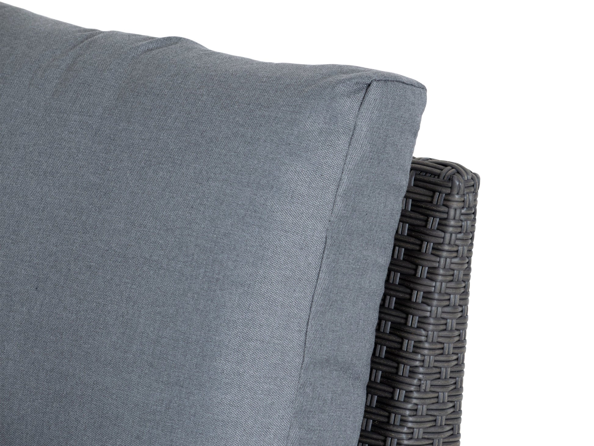 Grey outdoor sectional chair, corner piece, with weather-resistant fabric and sleek modern design, perfect for patio seating.