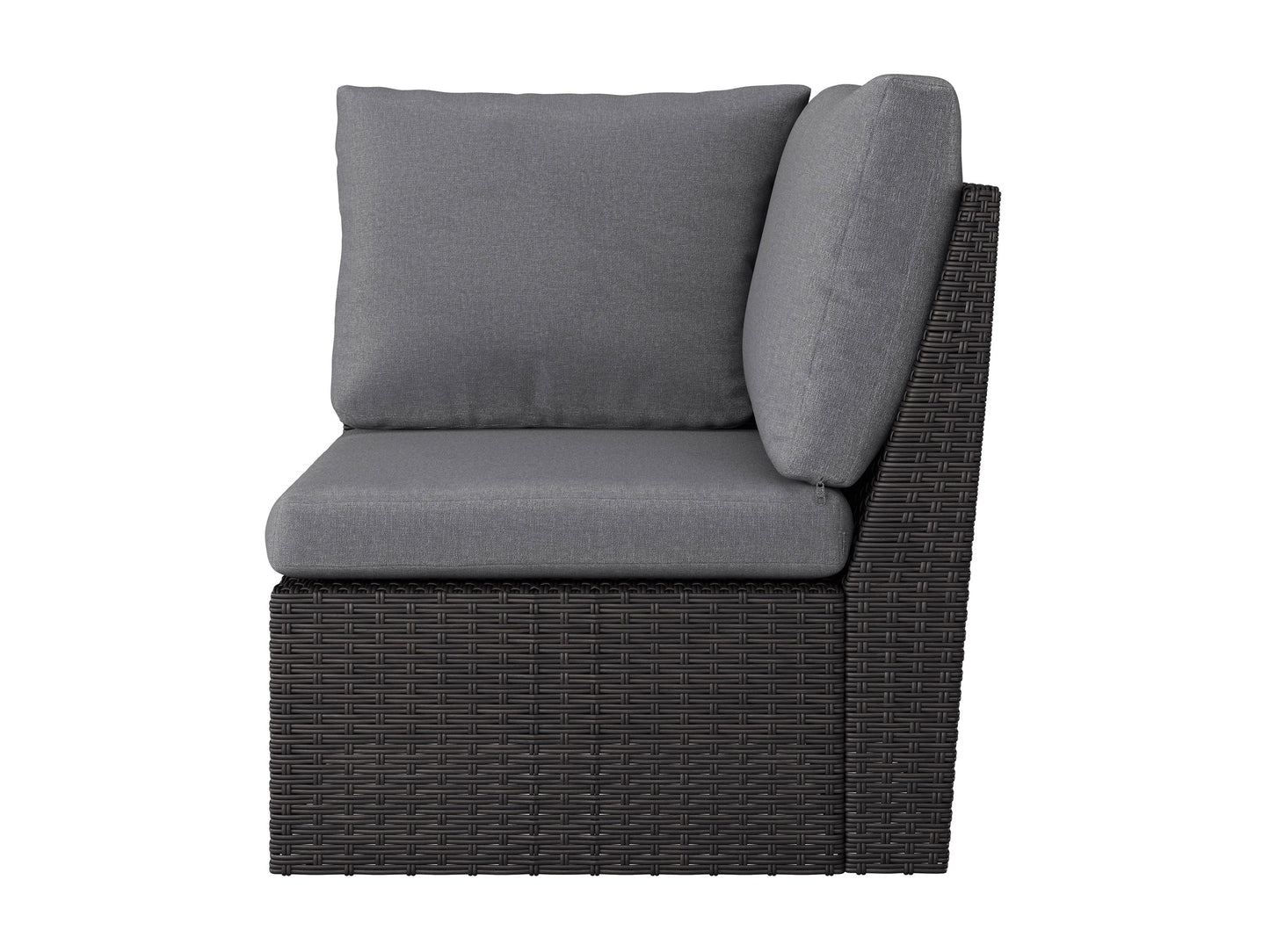 Outdoor sectional corner chair, grey fabric with weather-resistant cushions, aluminum frame, modern patio furniture.