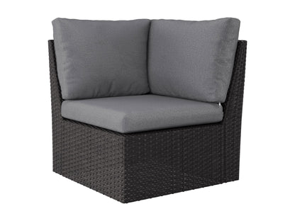 Grey outdoor sectional chair, corner piece with weather-resistant fabric, sleek design, and sturdy aluminum frame for patio use.