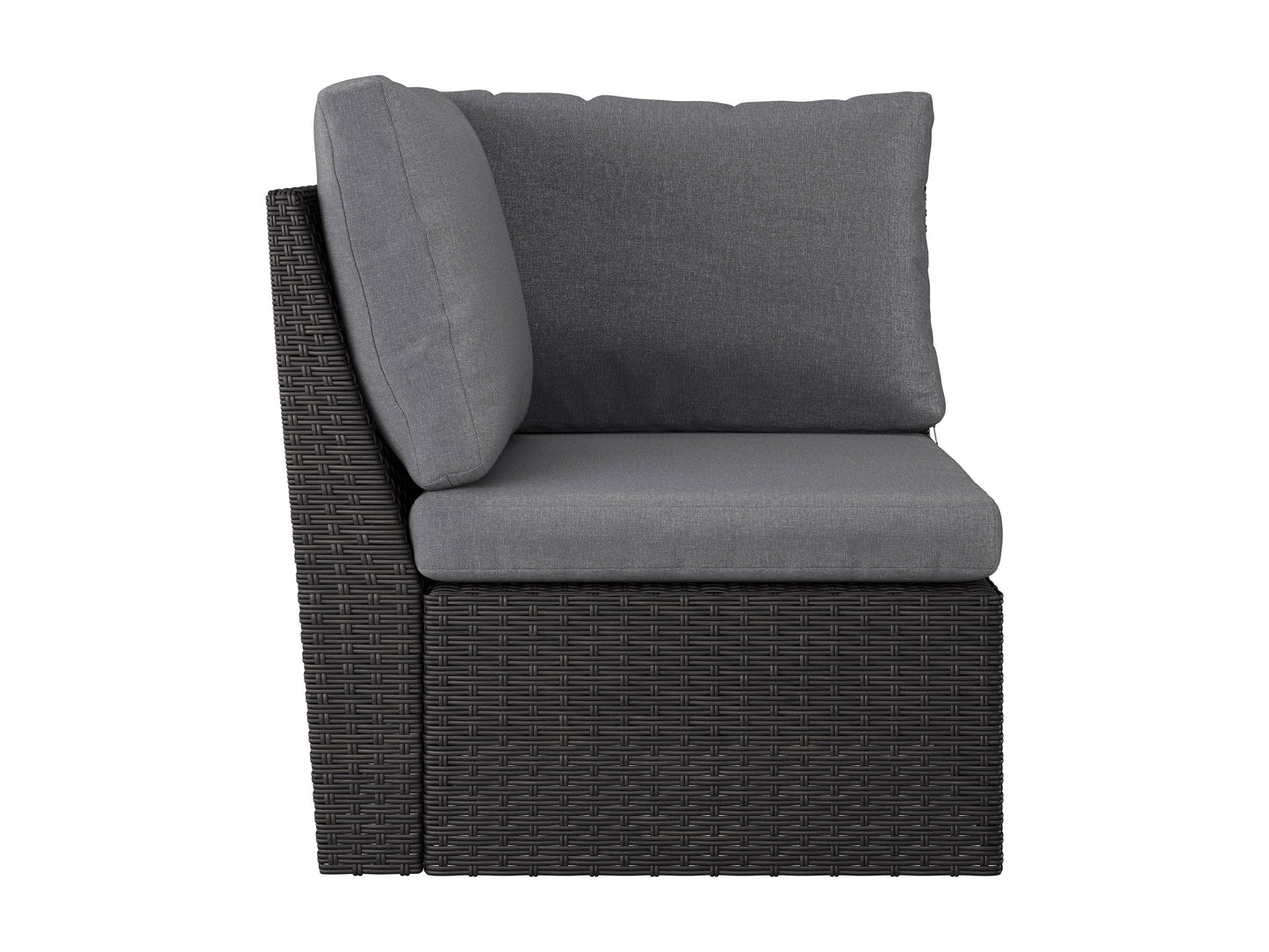 Grey outdoor sectional corner chair with weather-resistant fabric and aluminum frame, perfect for patio seating.