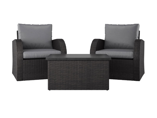 Grey outdoor wicker patio set with table and chairs, featuring durable materials and a stylish, modern design.