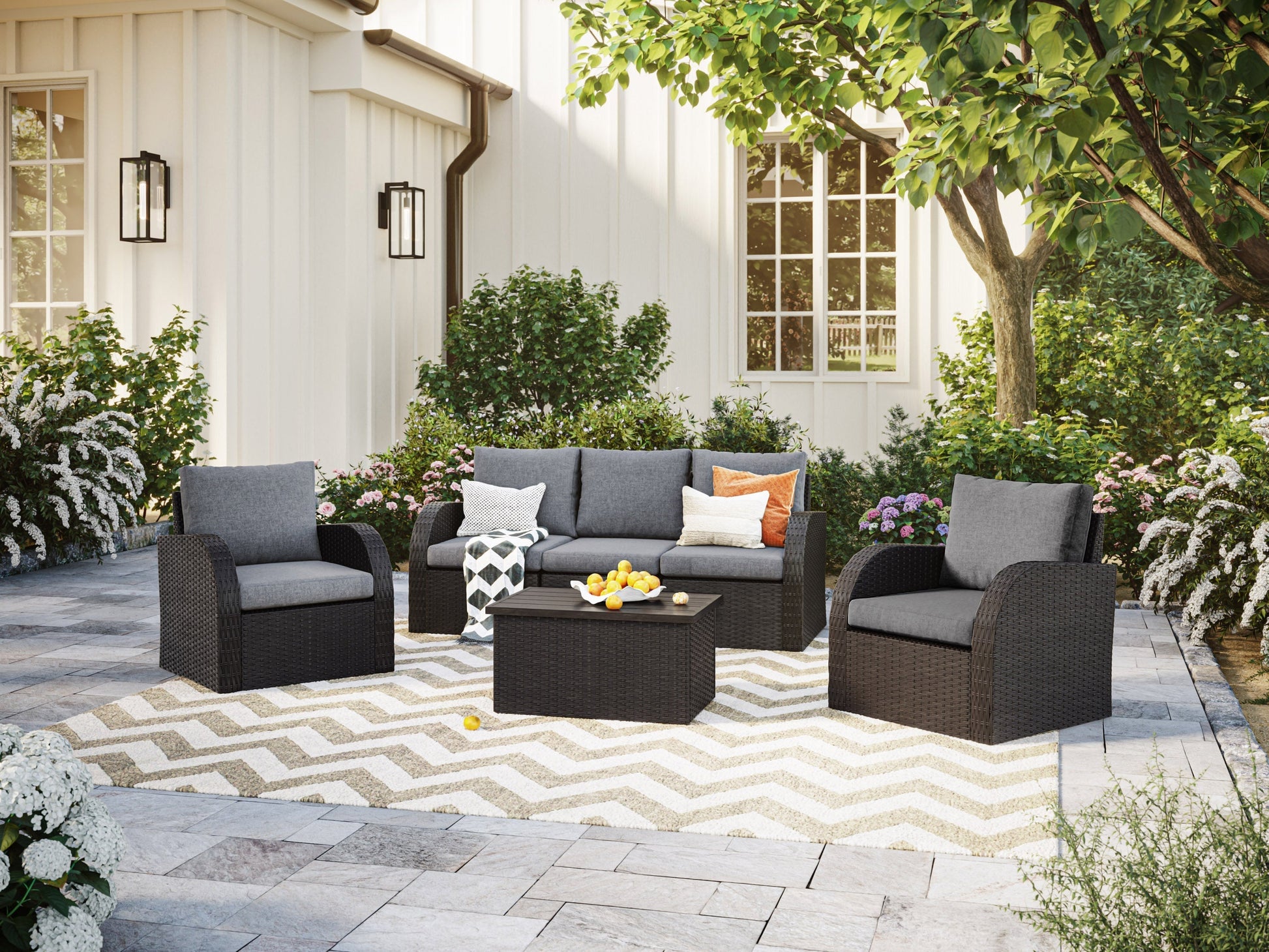 Grey outdoor sofa set with cushions, patio conversation set, 6-piece, modern design, weather-resistant materials.