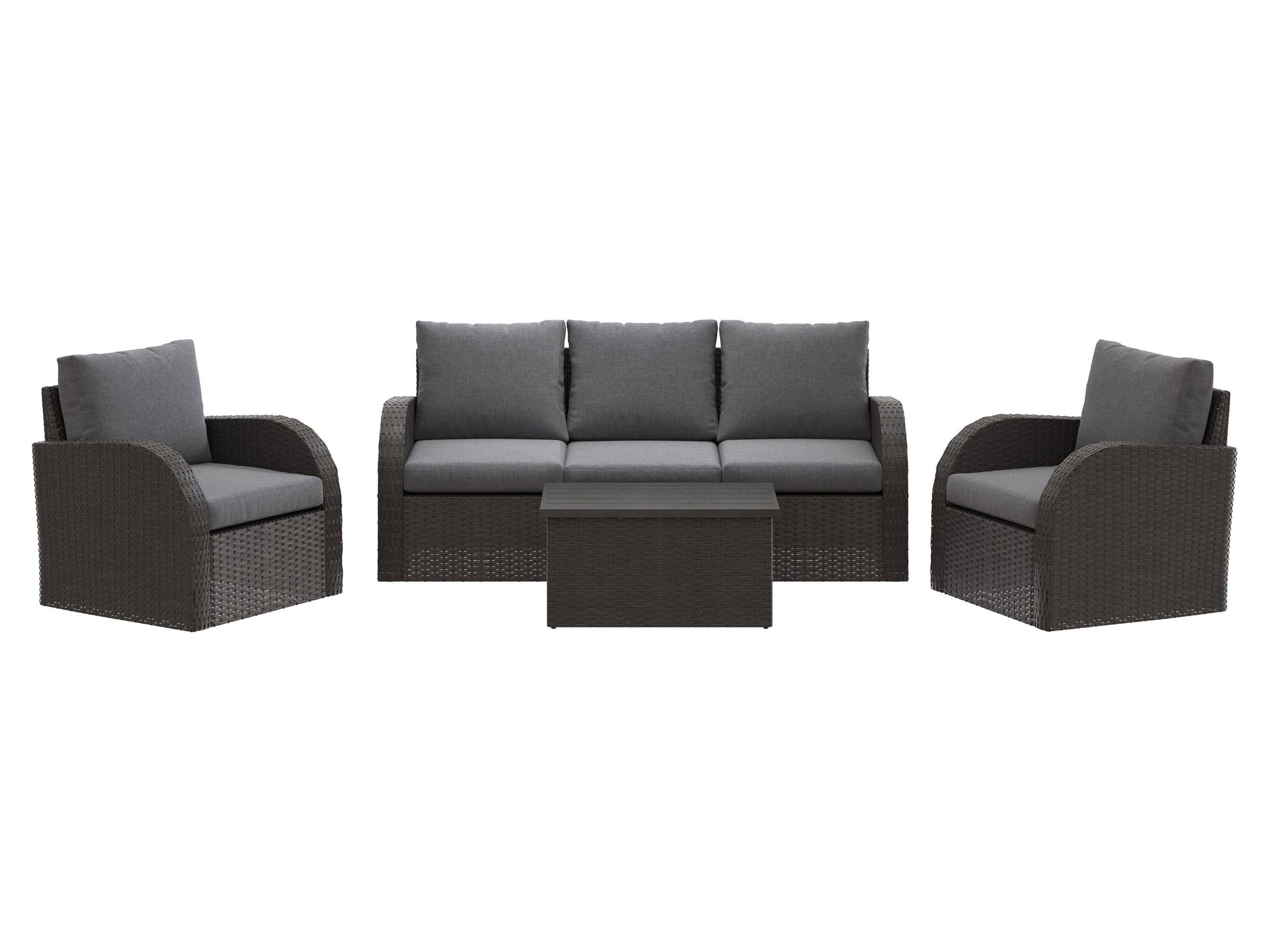 Grey outdoor sofa set, 6-piece patio conversation set with cushions and sleek design.