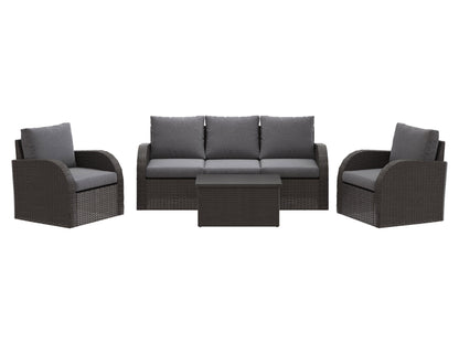 Grey outdoor sofa set, 6-piece patio conversation set with cushions and sleek design.