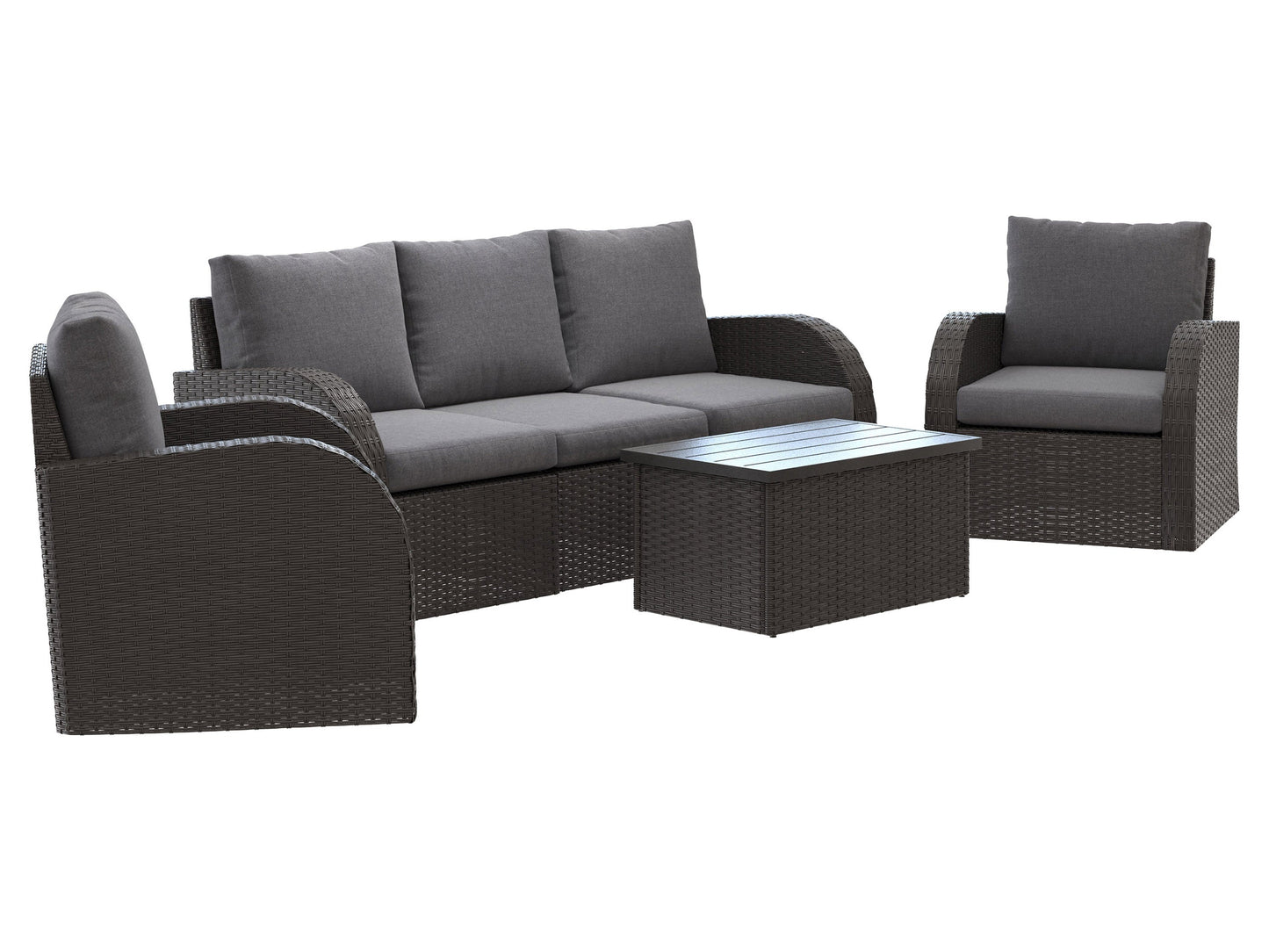 Outdoor 6-piece grey patio conversation set with cushioned seats, rattan weave, and glass-top coffee table.