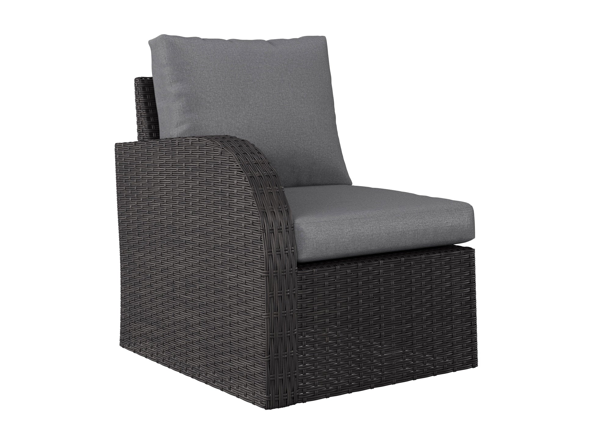 Grey outdoor patio conversation set, 6-piece with cushioned seats and weather-resistant wicker.