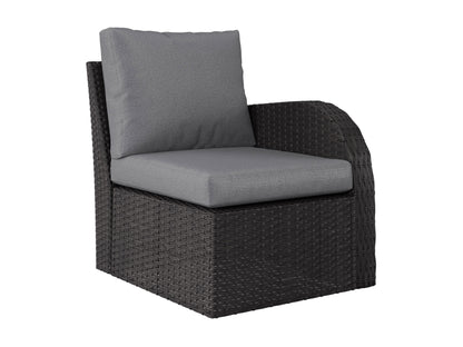 Grey outdoor patio conversation set, 6-piece with cushions, modern design, weather-resistant wicker, and aluminum frame.