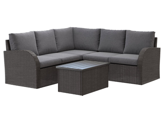 Grey outdoor wicker sectional set, 6-piece, with cushions, durable rattan material, and weather-resistant design for patio use.