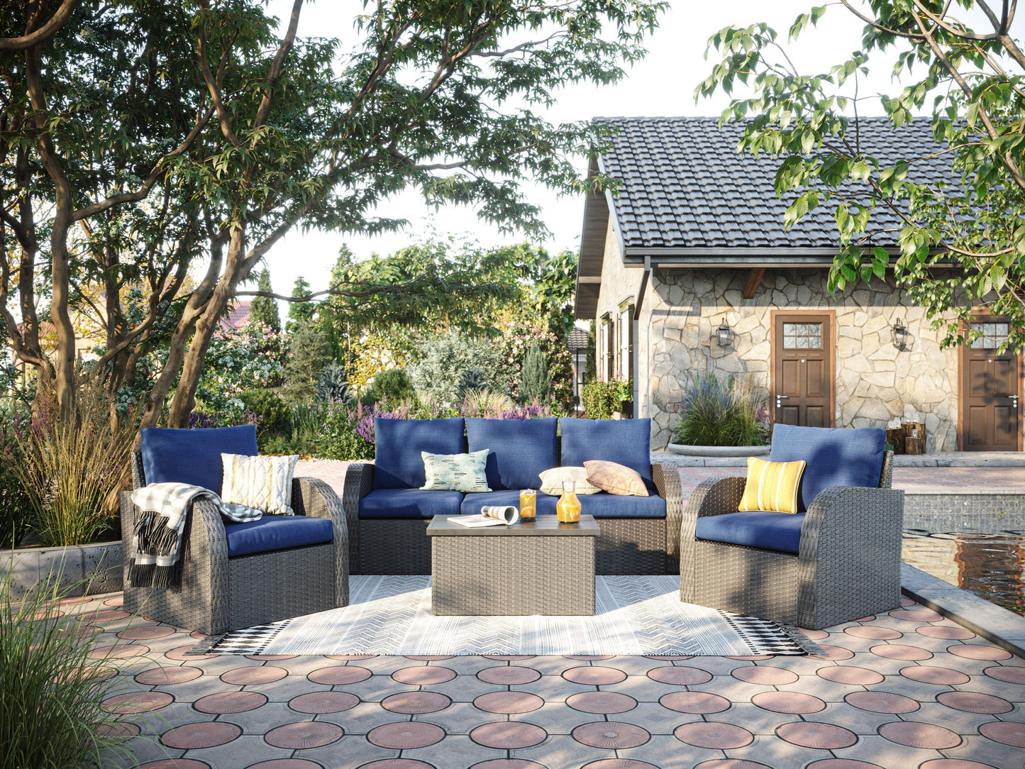 Outdoor sectional patio chair, left arm, blue fabric, wicker frame, weather-resistant, modern design, comfortable seating.