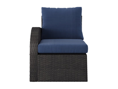 Blue outdoor sectional chair with left arm, durable fabric, and weather-resistant frame, perfect for patio seating.