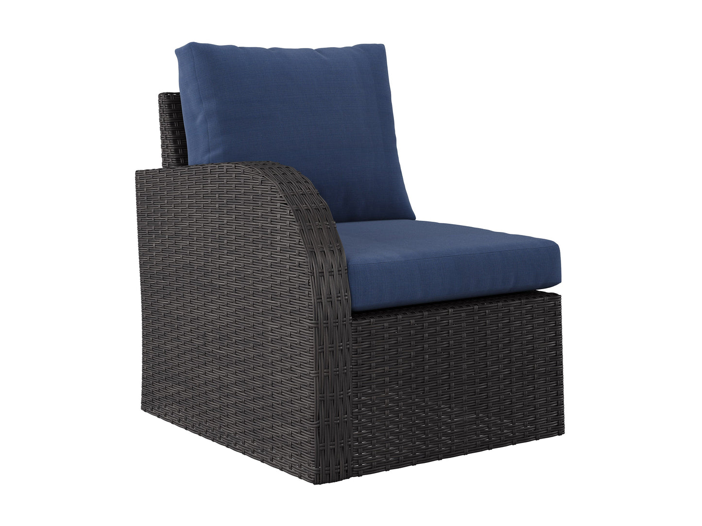 Blue outdoor sectional chair with left armrest, durable fabric, and weather-resistant frame.