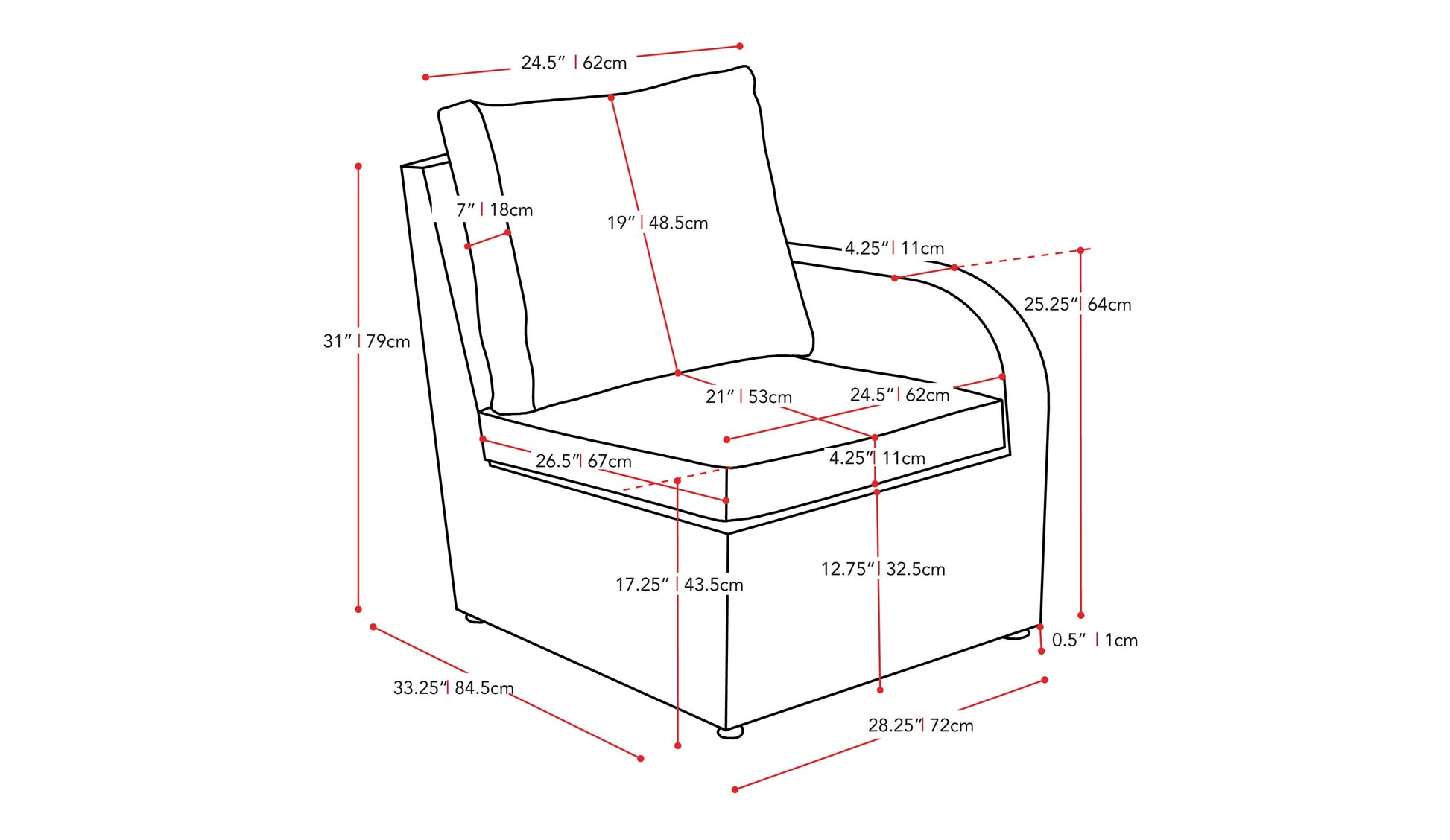 Outdoor sectional chair, right arm, blue fabric with weather-resistant cushions and sleek aluminum frame.