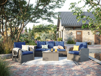 Blue outdoor sectional chair with right arm, weather-resistant fabric, and sleek metal frame for patio use.