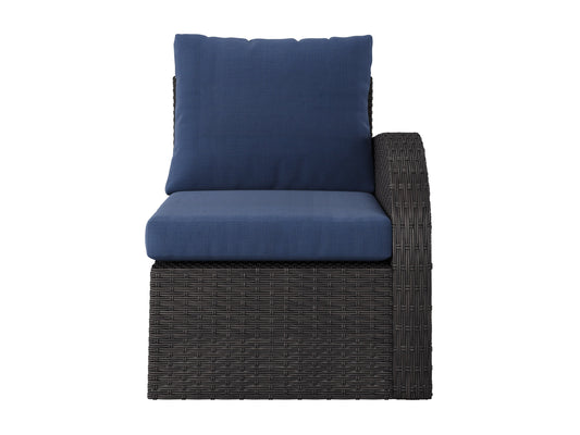 Blue outdoor sectional patio chair with right armrest, weather-resistant fabric, and sturdy metal frame.