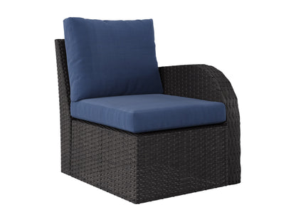 Blue outdoor sectional chair with right arm, featuring weather-resistant fabric and sturdy metal frame, perfect for patio lounging.