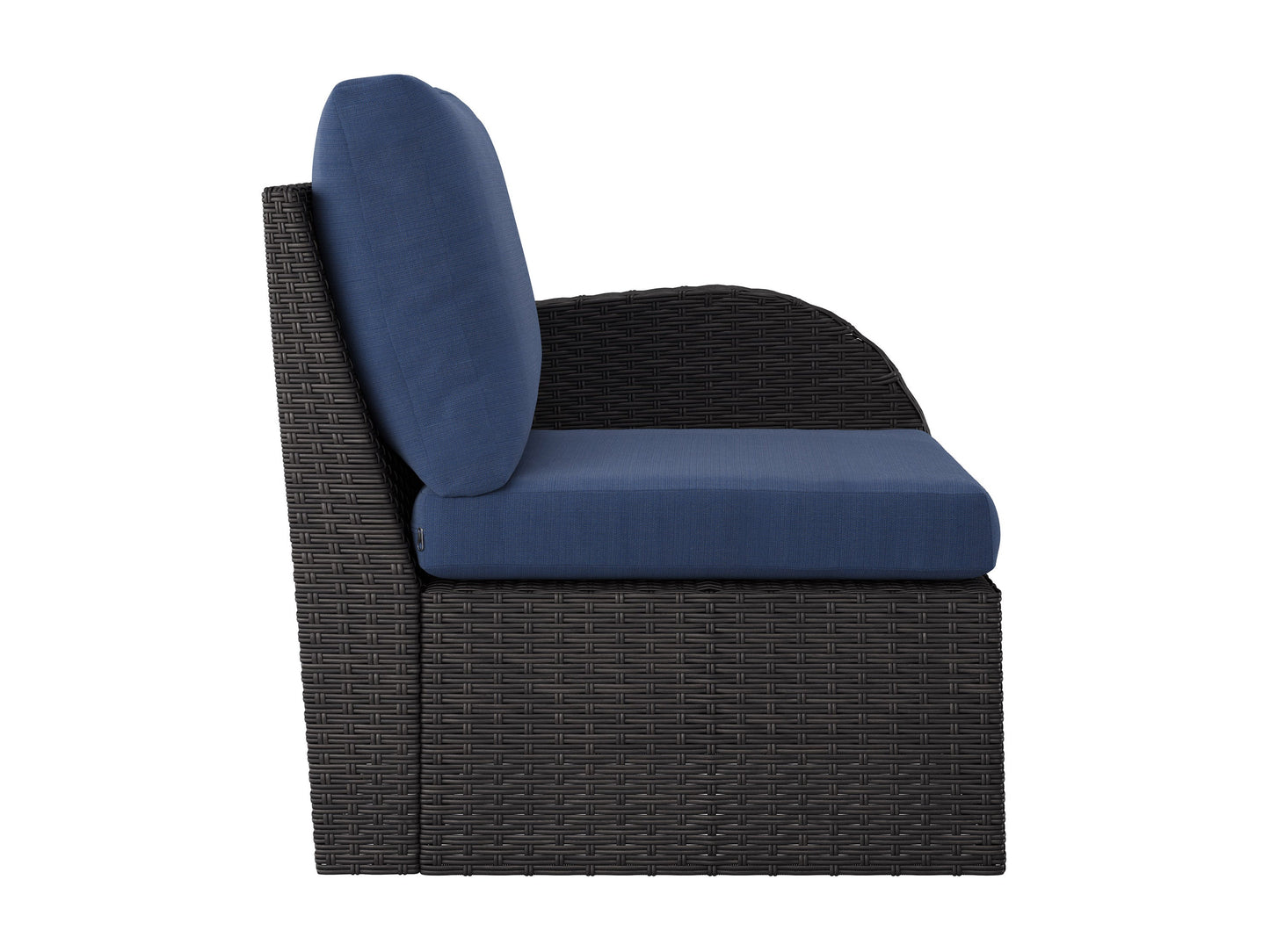 Blue outdoor sectional chair with right arm, weather-resistant fabric, and sleek aluminum frame for patio or garden use.