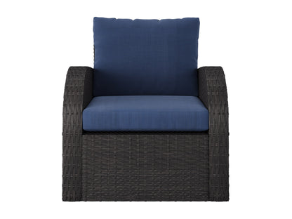 Blue outdoor wicker patio chair with plush cushions, durable frame, and weather-resistant design.