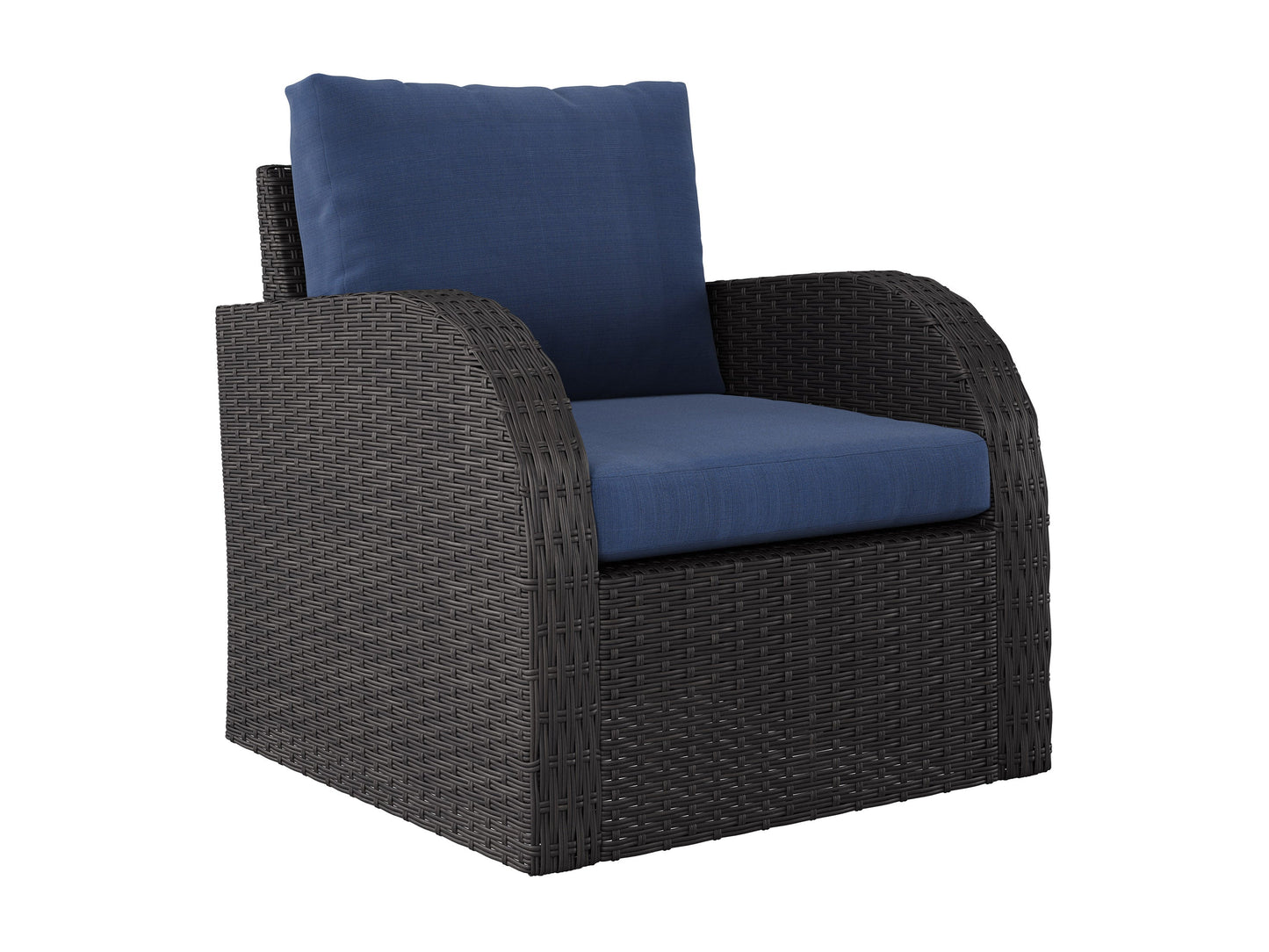 Outdoor wicker chair in blue with a sturdy frame, comfortable cushions, and weather-resistant design for patio use.