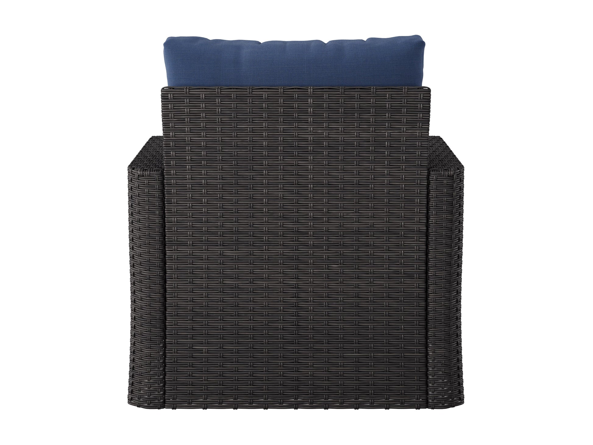 Blue outdoor wicker patio chair with cushions, durable design, and weather-resistant materials.