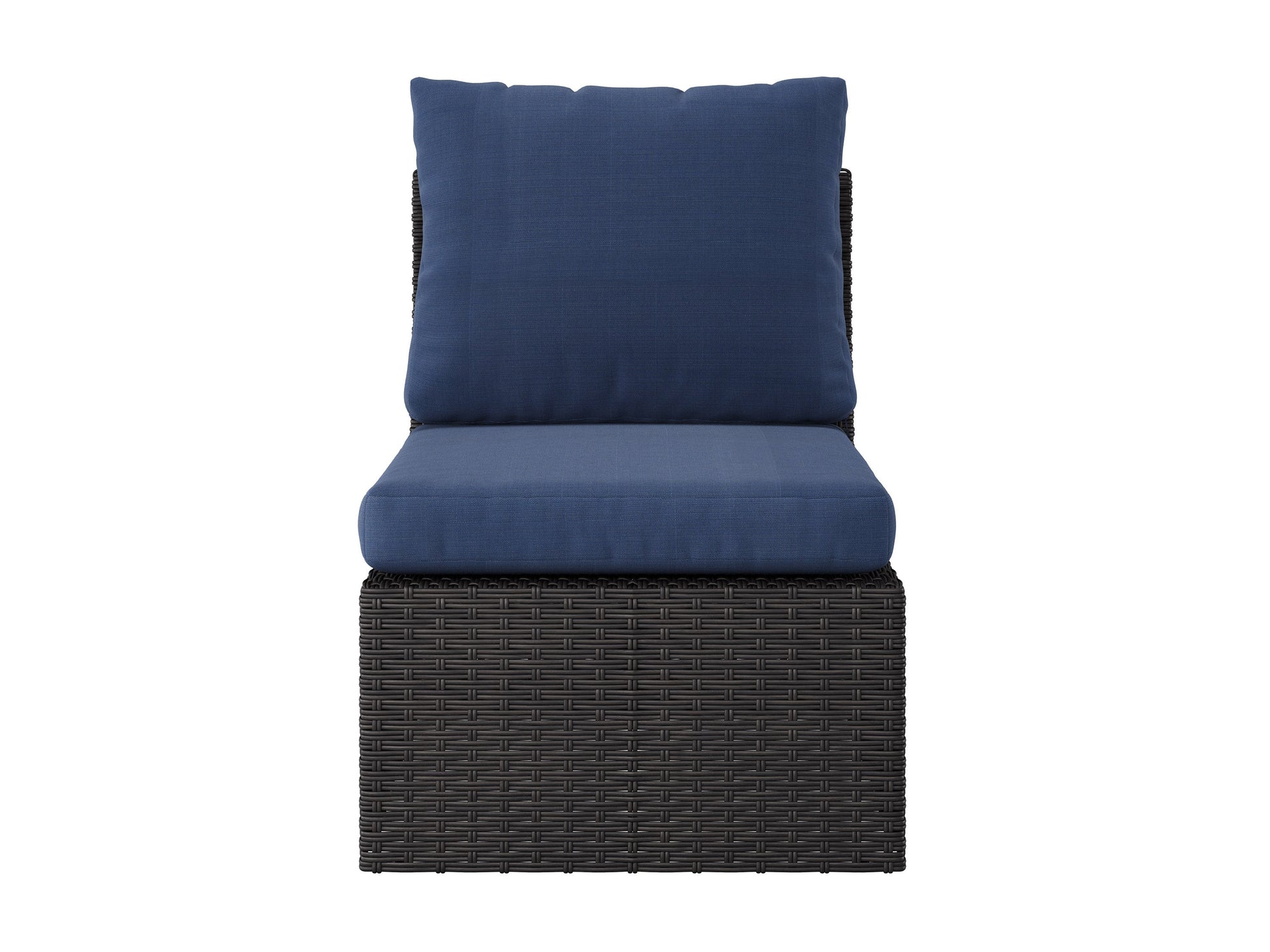 Blue outdoor sectional patio chair with weather-resistant cushions and sleek aluminum frame.