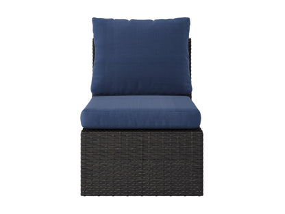 Blue outdoor sectional patio chair with weather-resistant cushions and sleek aluminum frame.