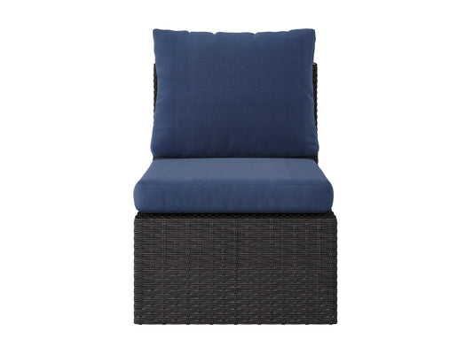 Blue outdoor sectional patio chair with weather-resistant cushions and sleek aluminum frame.