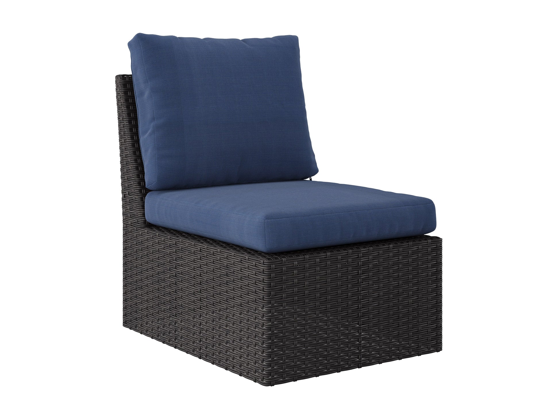 Blue outdoor sectional chair with weather-resistant cushions and sleek aluminum frame.