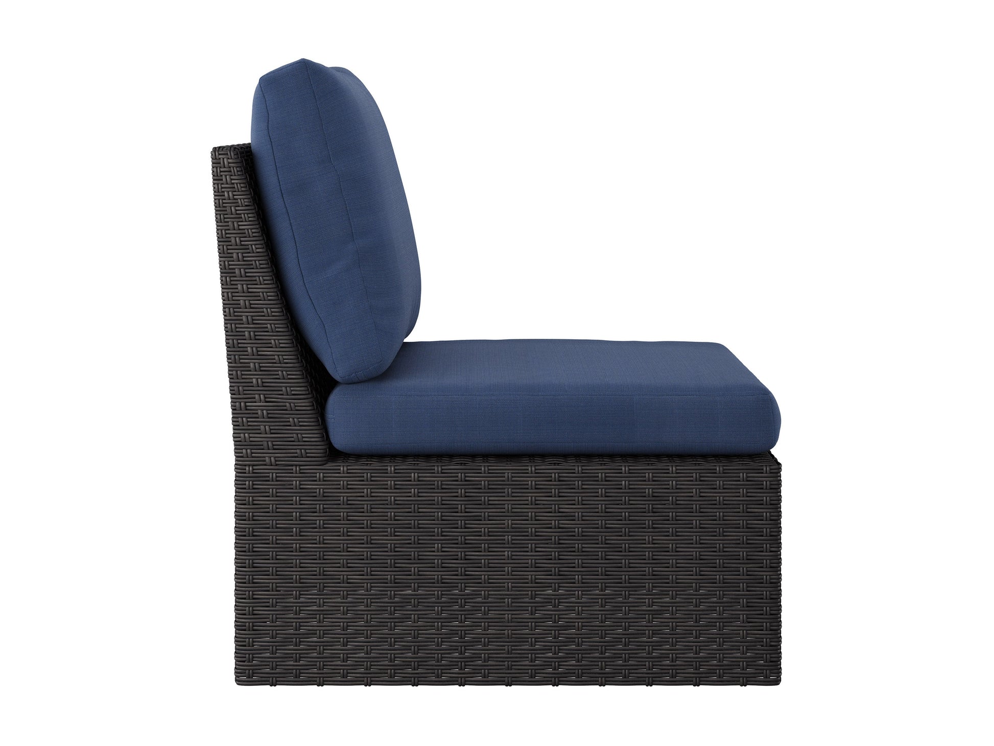 Blue outdoor sectional chair, middle piece with weather-resistant cushions and sleek aluminum frame, perfect for patio use.