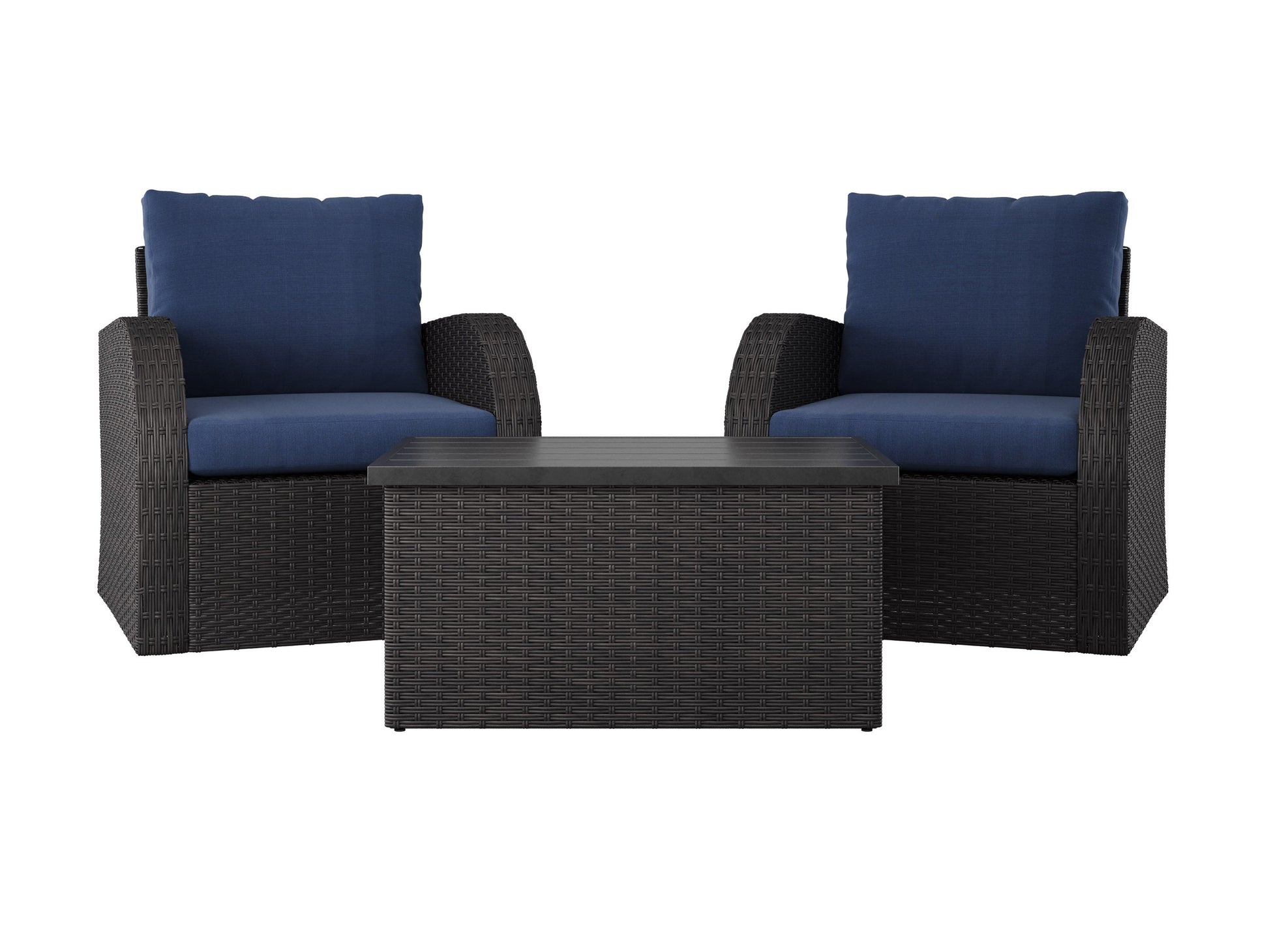 Blue outdoor wicker patio set with glass table and cushioned chairs, ideal for garden or deck relaxation.