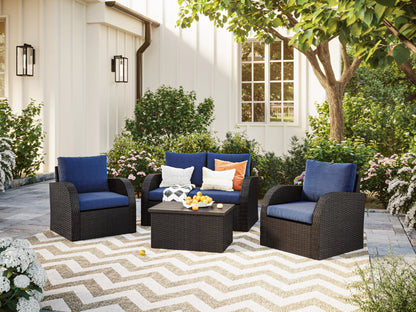 Blue outdoor loveseat set with cushions, metal frame, and a 5-piece patio conversation design.