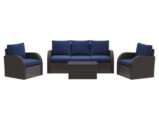 Outdoor sofa set, 6-piece blue patio conversation set with cushions, wicker frame, and modern design.