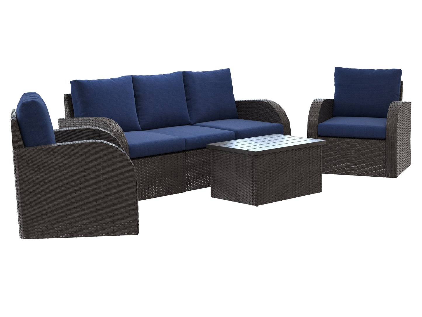 Blue outdoor patio conversation set with cushioned seats, wicker frame, and glass-top coffee table, perfect for garden lounging.