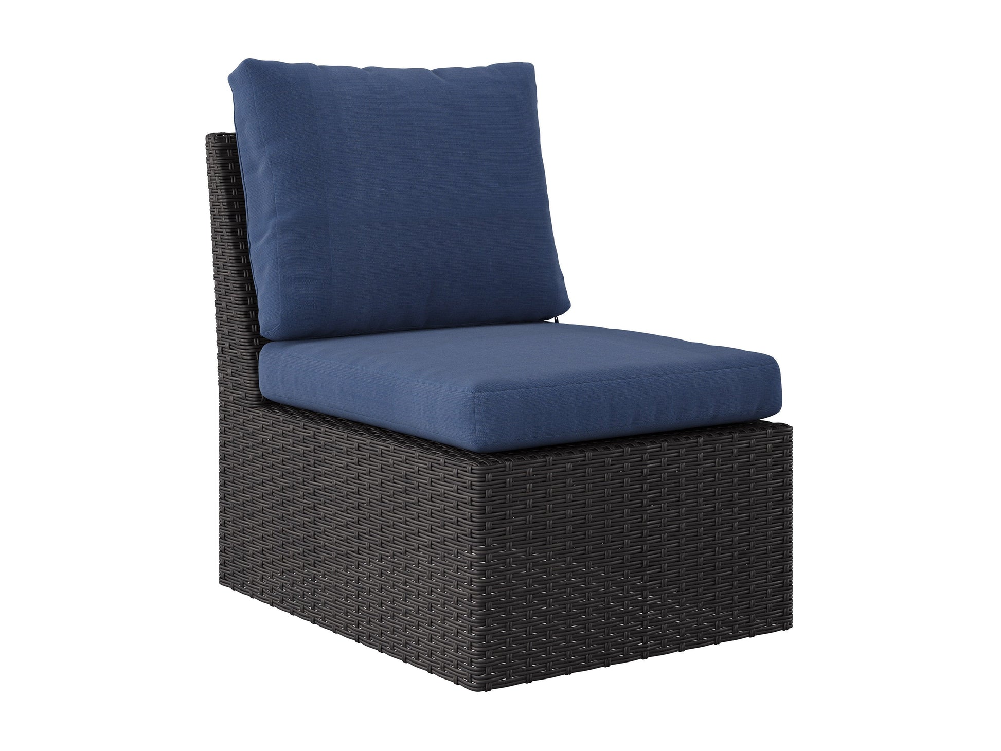 Outdoor patio conversation set, 6-piece, blue cushions, rattan wicker frame, modern design.