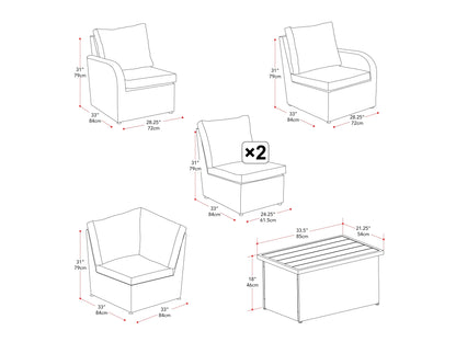 Outdoor wicker sectional set, 6-piece, blue cushions, modern patio furniture, durable rattan, weather-resistant.