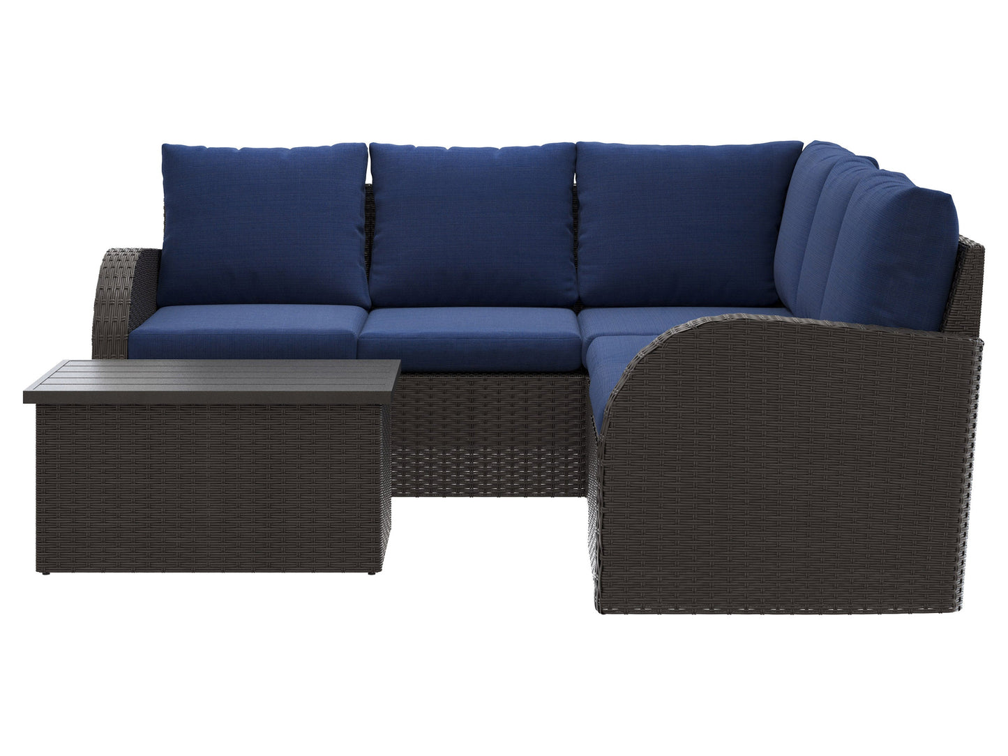 Outdoor wicker sectional set, 6-piece, blue cushions, durable rattan, weather-resistant, modern patio furniture.