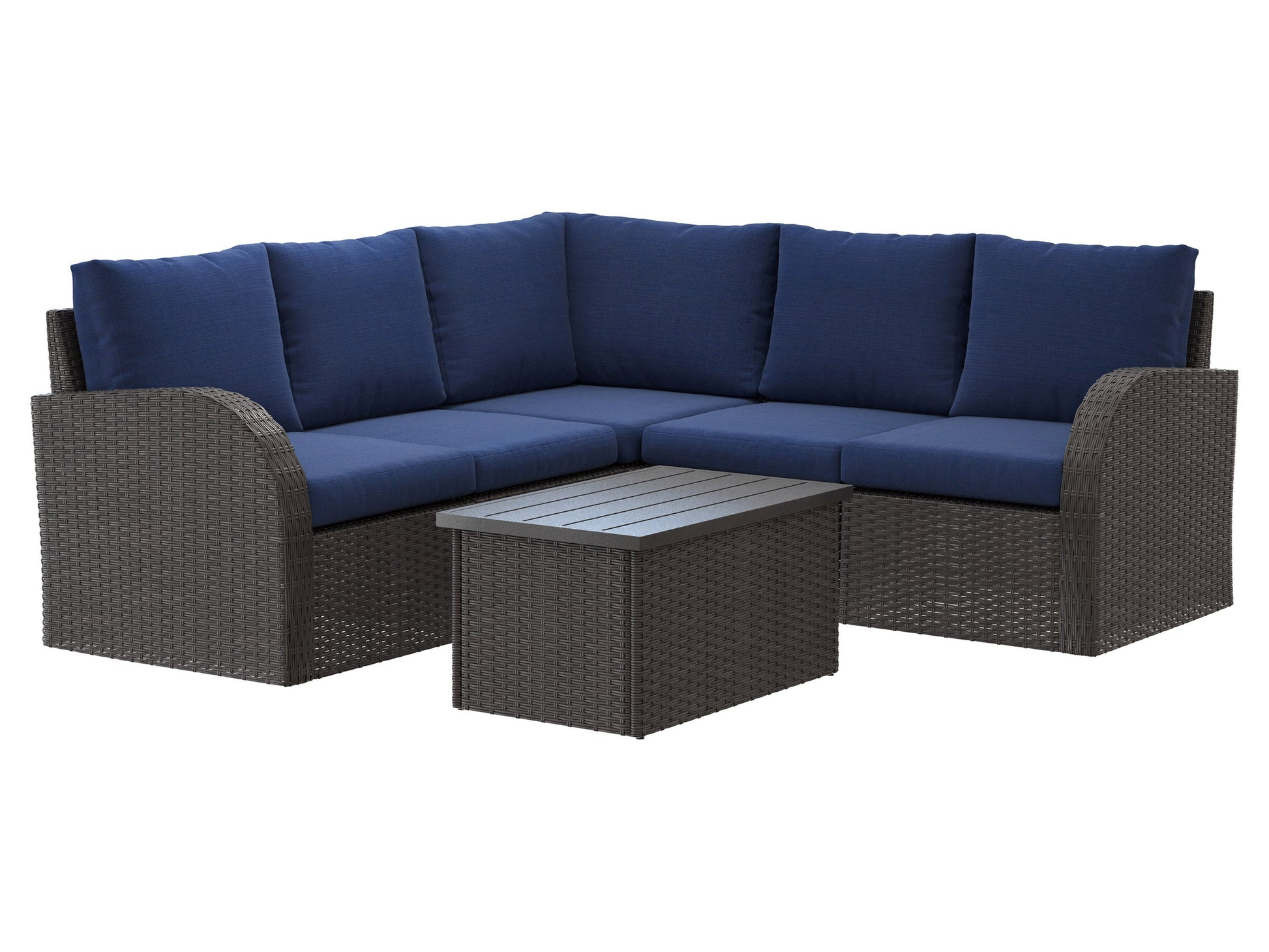 Outdoor wicker sectional set, 6-piece in blue with cushions, durable rattan material, perfect for patio and garden seating.