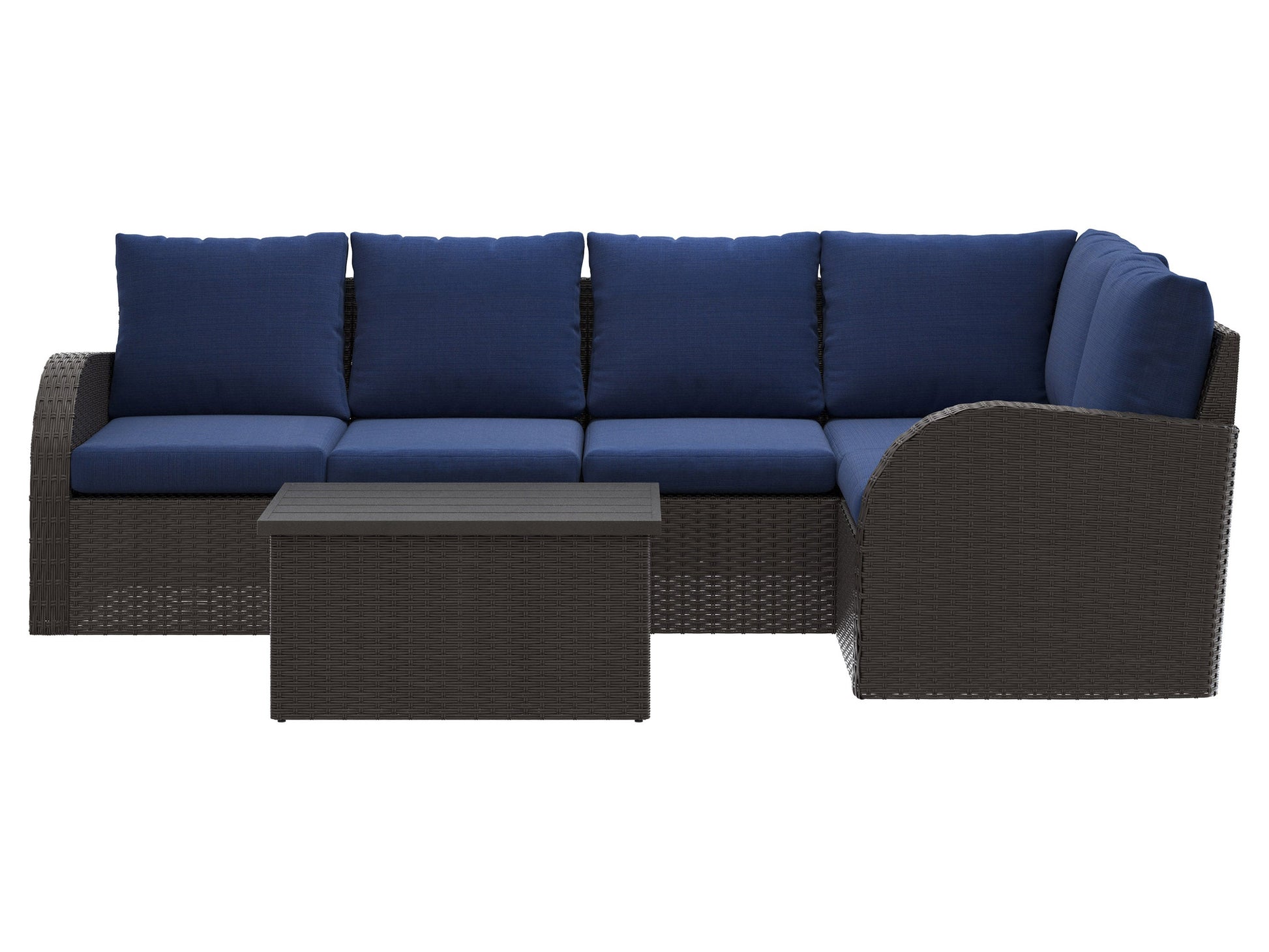 Outdoor wicker sectional set, 6-piece, blue cushions, durable rattan, weather-resistant, modern patio furniture.