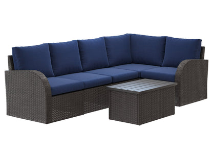 Blue outdoor wicker sectional set, 6-piece patio furniture with cushions and glass-top coffee table.