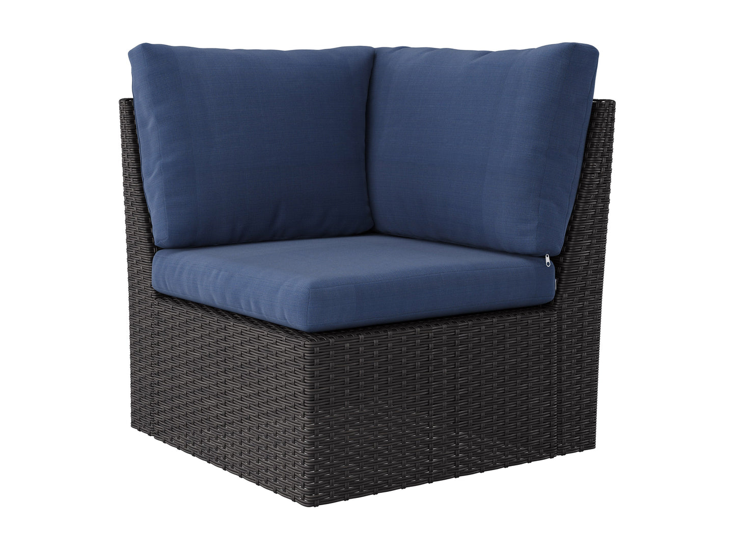 Outdoor wicker sectional set, 6-piece, blue cushions, durable rattan, weather-resistant, modern patio furniture.