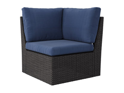 Outdoor wicker sectional set, 6-piece, blue cushions, durable rattan, weather-resistant, modern patio furniture.