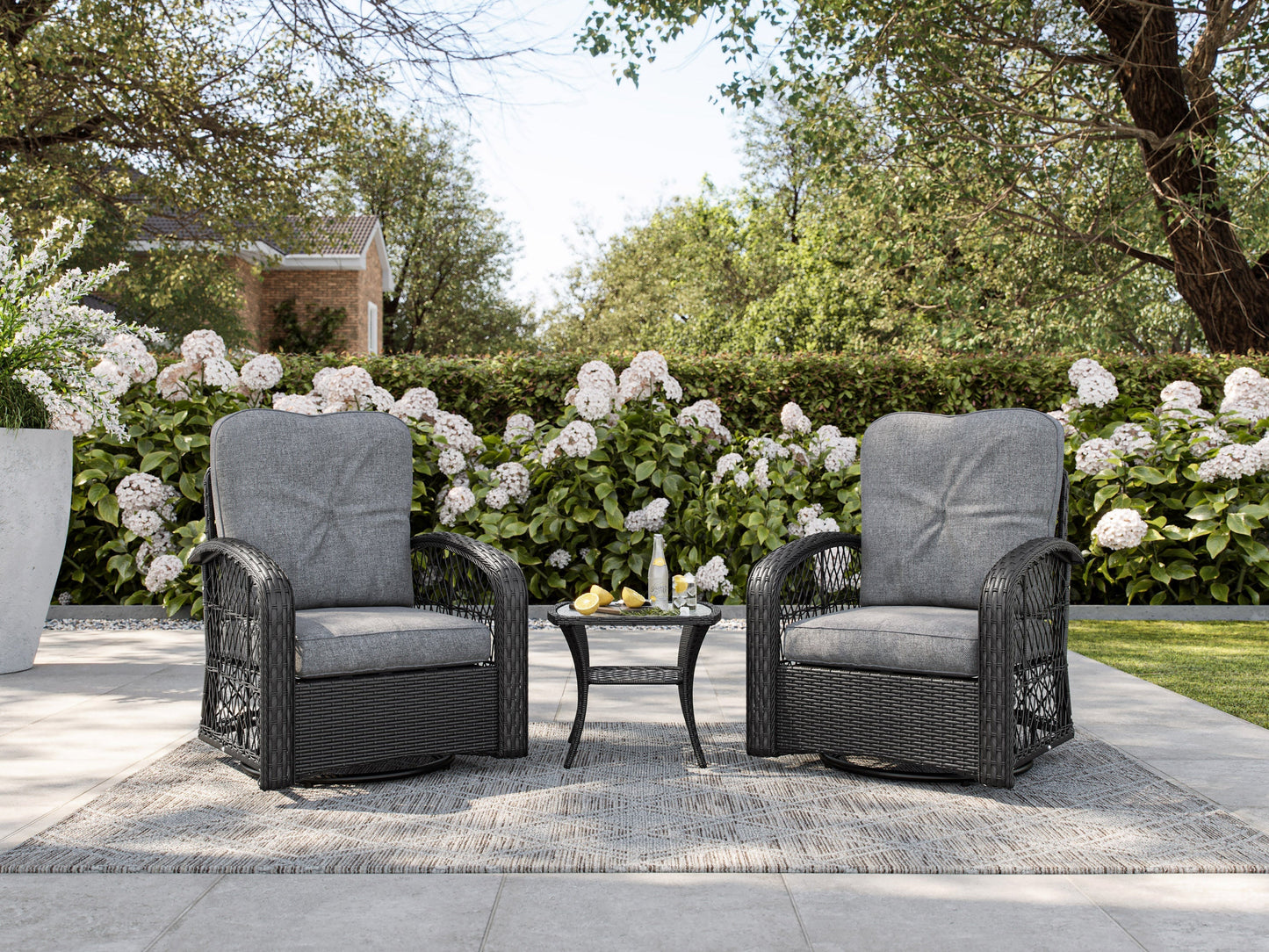 Swivel patio chairs set, 3pc - grey fabric cushions, metal frames, modern outdoor furniture.