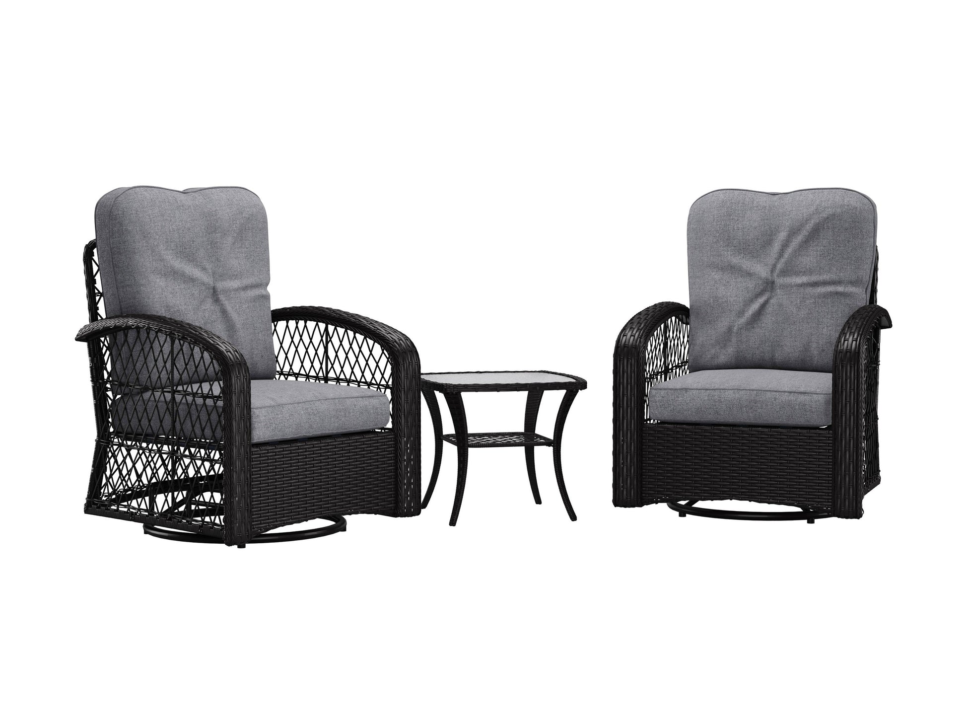 Swivel patio chairs set, 3pc - grey, with cushioned seats, metal frames, and a contemporary design for outdoor use.