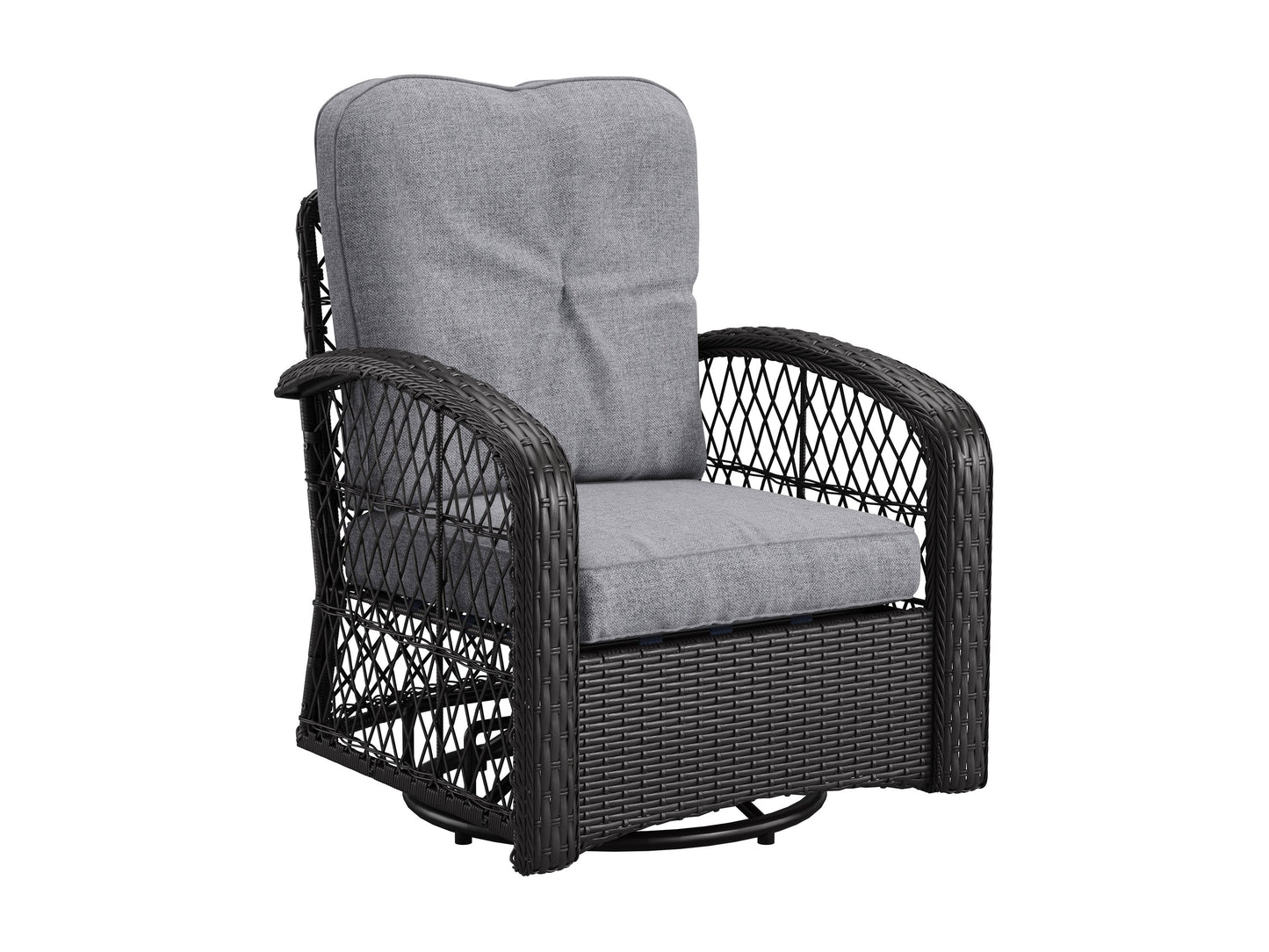 Grey swivel patio chairs set with cushioned seats, metal frames, and a matching side table.