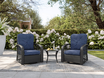 Blue swivel patio chairs set, 3-piece with cushioned seats, durable metal frame, and modern design for outdoor conversation.