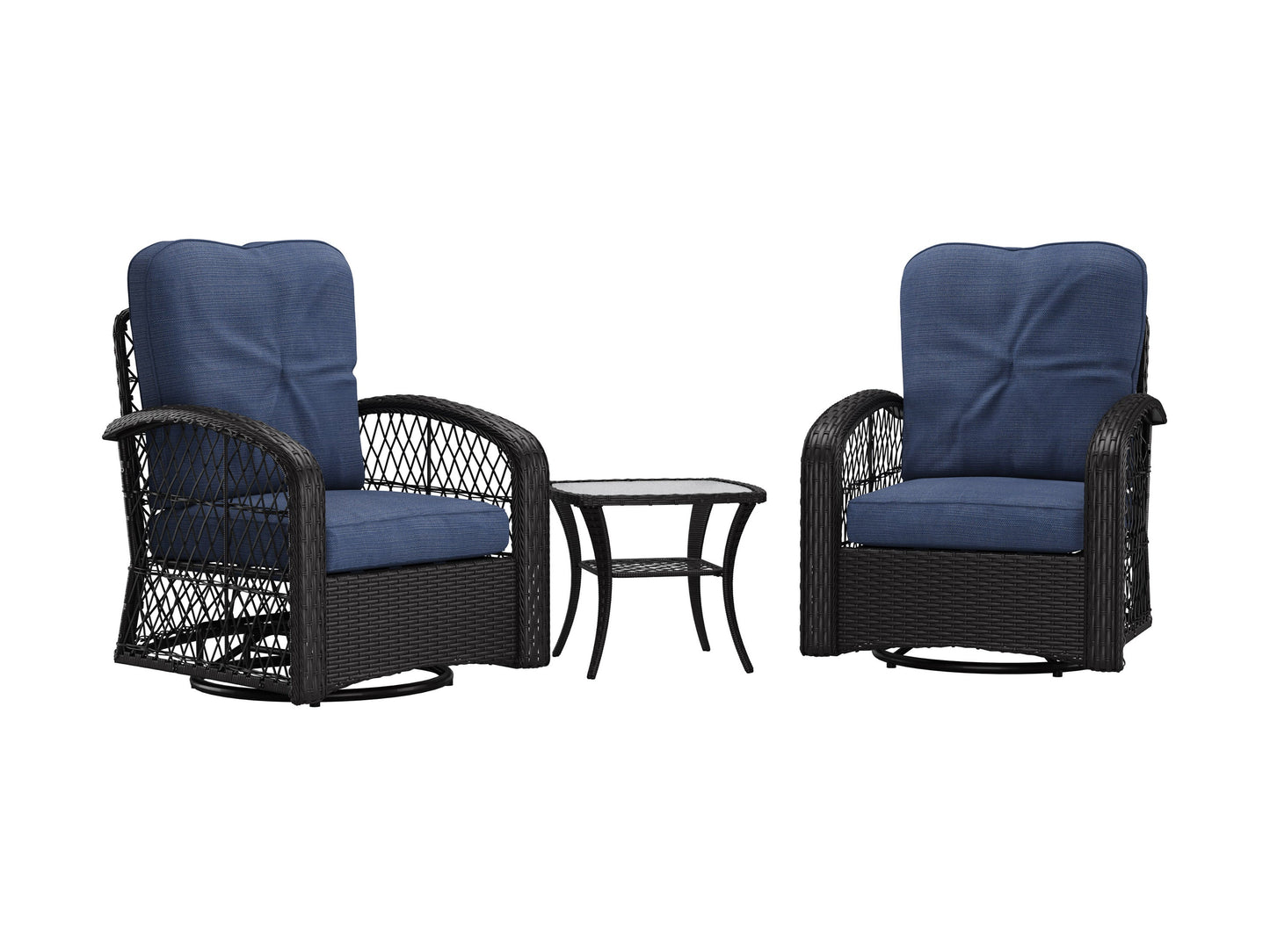 Blue swivel patio chairs set, 3pc with cushioned seats, metal frames, and a glass-top side table for outdoor use.