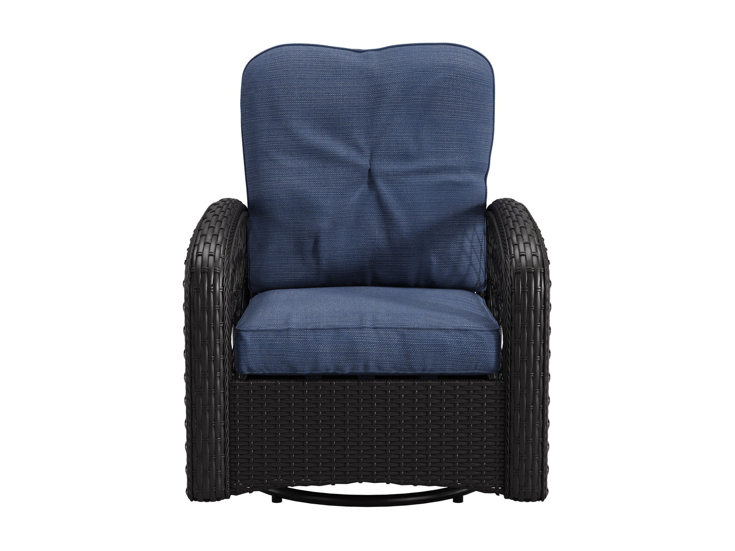 Blue swivel patio chairs set, 3-piece with cushions, metal frame, and weather-resistant fabric for outdoor use.