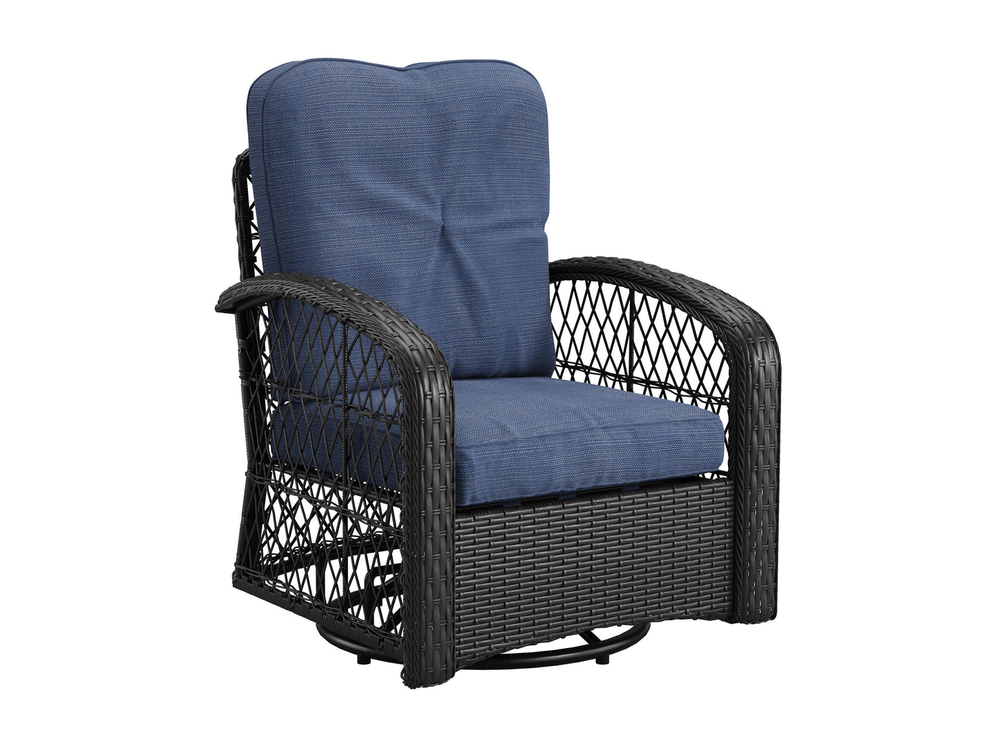 Blue swivel patio chairs set with cushions and round table, 3-piece outdoor conversation set.