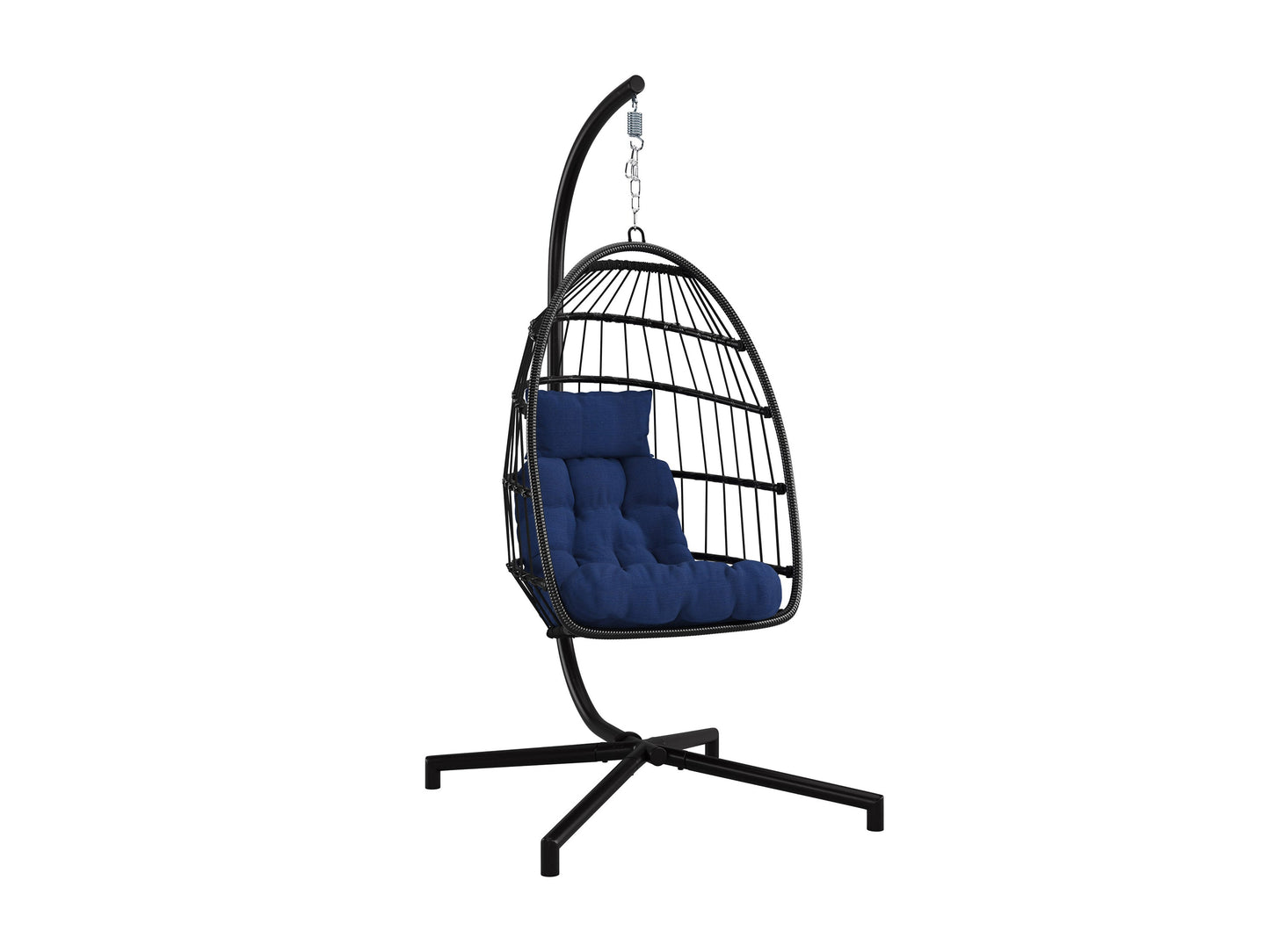 Hanging egg chair in blue with cushioned seat, wicker frame, and sturdy metal stand for patio or garden use.